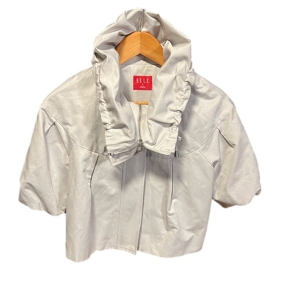 Elle Women's Cropped Gray Jacket Full Zip Bell Pleated Puffer Sleeves - Picture 3 of 7